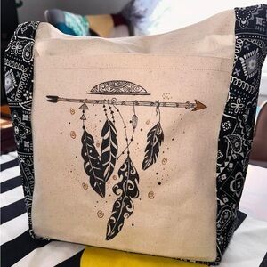 Hand-Painted Bohemian Feather Canvas Tote Bag